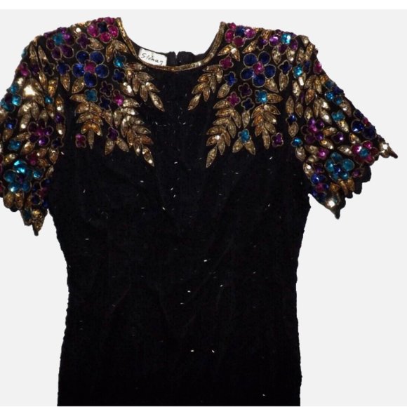 Vintage Stenay Sequined Glass Beaded Party Holiday Dress Size 16 - Picture 6 of 11